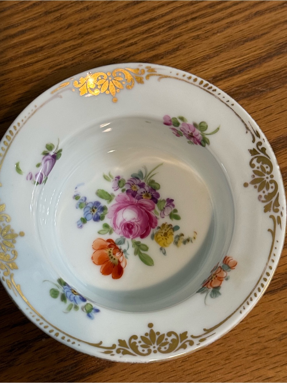 Dresden Porcelain Ramekin Floral Antique Gumps Back Stamp Gold Pink